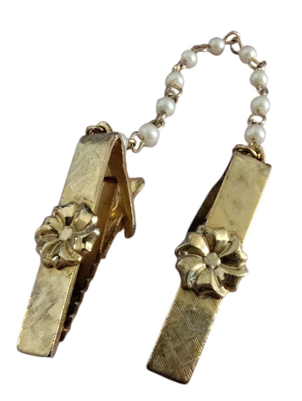 Vintage Gold Tone Floral Sweater Guard Cardigan Clip with Faux Pearl Chain